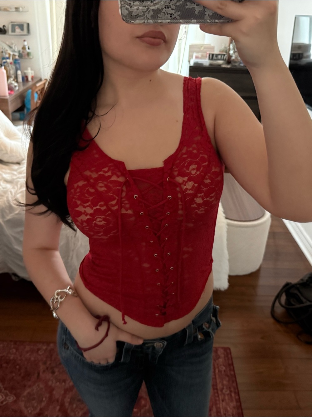 Red Lace Corset Tank Top with Front Lace-Up
